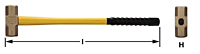 A double-faced sledge hammer with a yellow fiberglass handle and black super grip ridges. The head is bronze metal and features two flat striking surfaces. Total length of the sledgehammer is indicated by a double arrow.